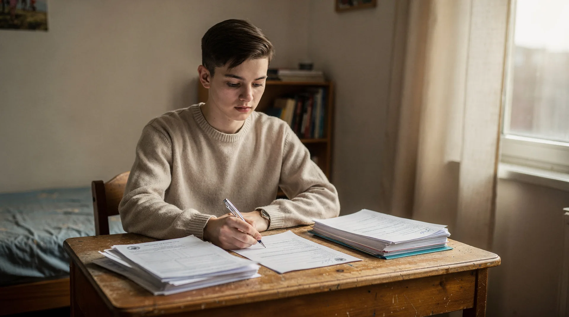 Persona joven revisando documentos de solicitud del Ingreso Mínimo Vital en una habitación alquilada