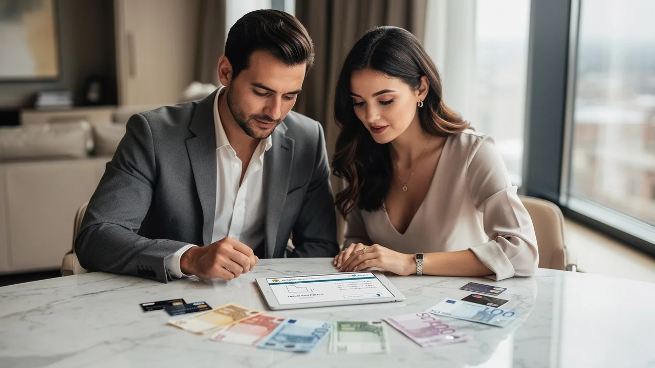 Elegant couple looking at wedding expenses on tablet computer, modern European banknotes and credit 