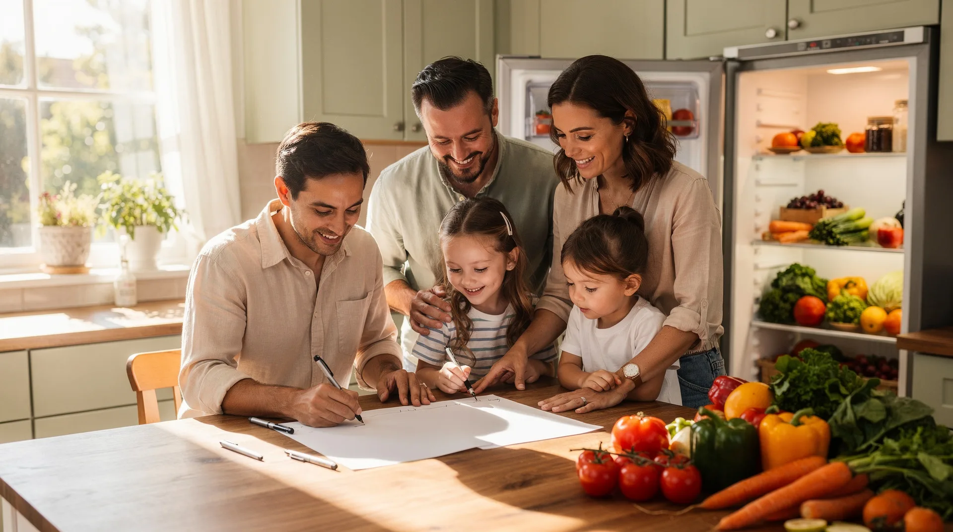 Familia organizando la lista de la compra en la cocina antes de ir al supermercado en verano