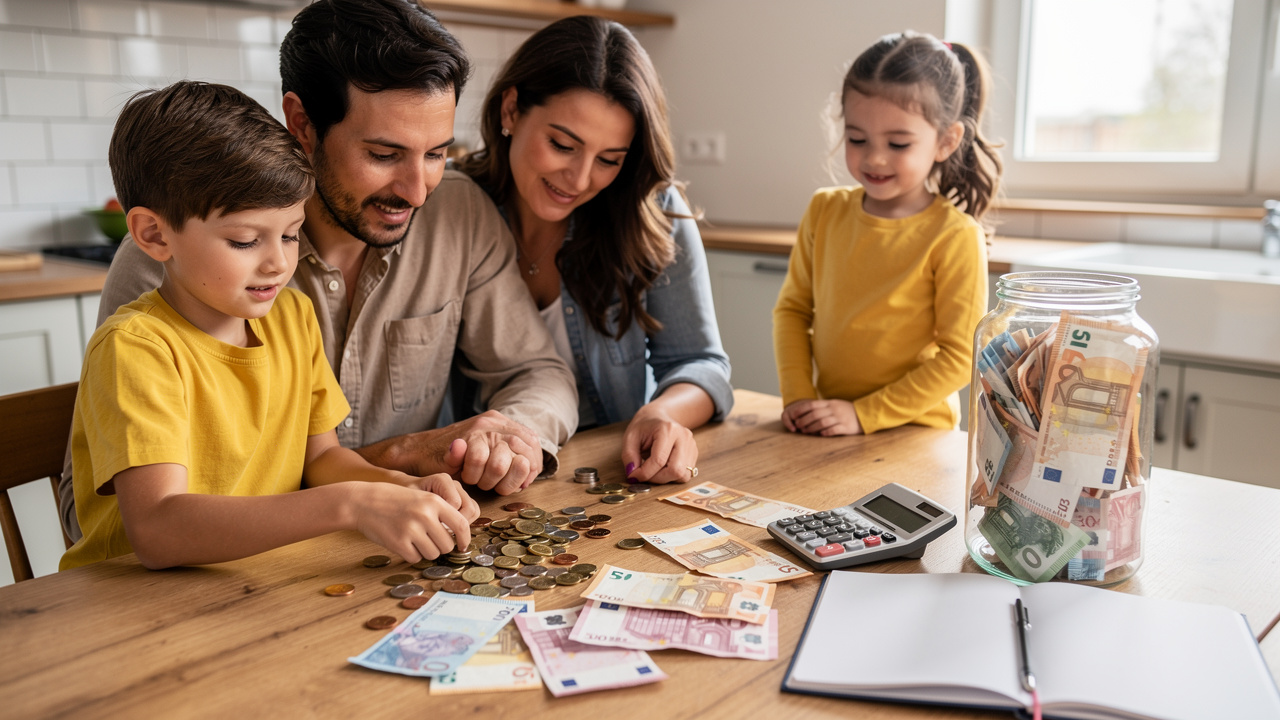 Spanish family counting coins and euro bills on kitchen table, savings jar with euro notes, calculat