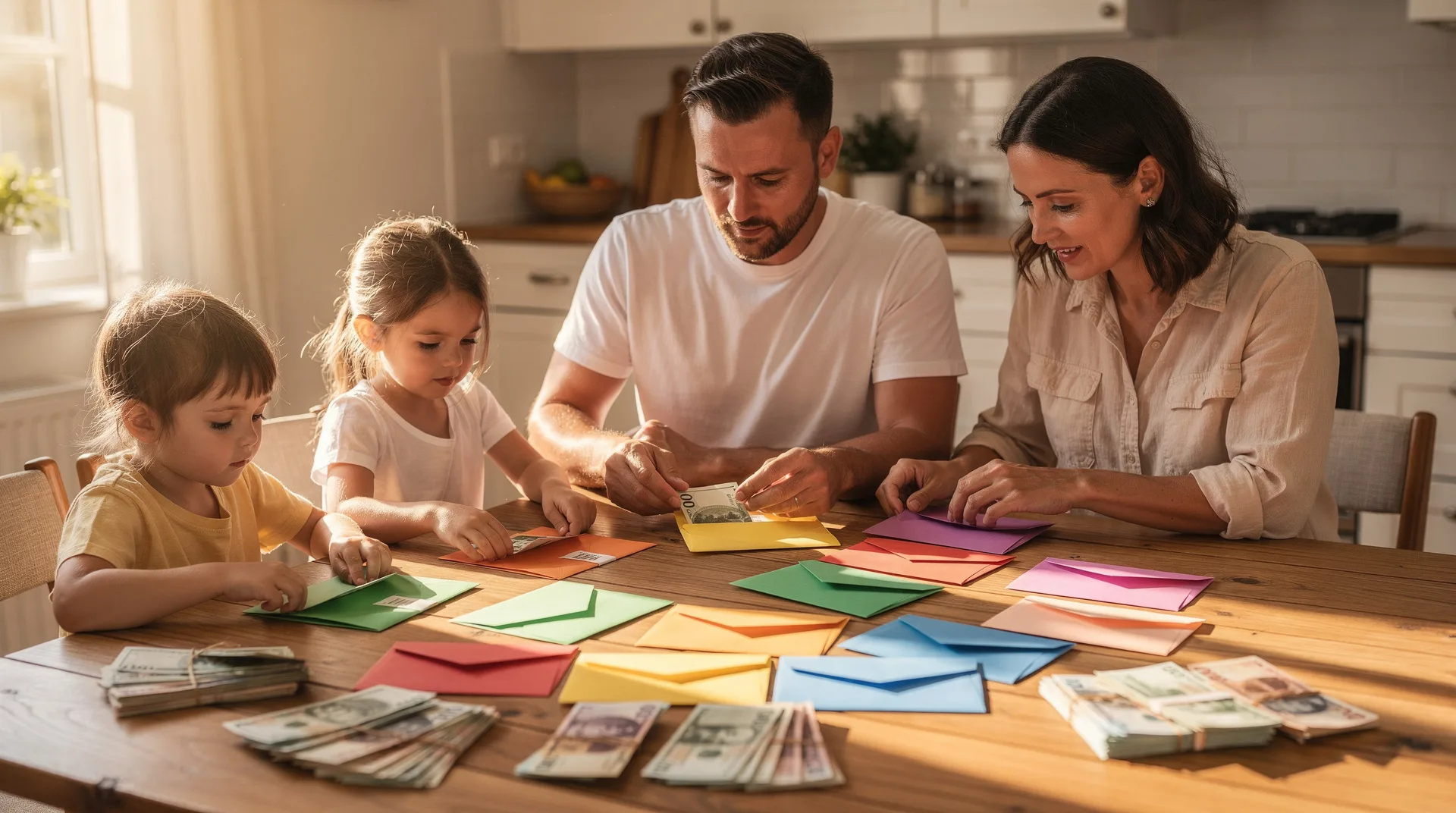 Familia en casa en julio organizando sobres de colores con dinero en efectivo sobre la mesa de la cocina