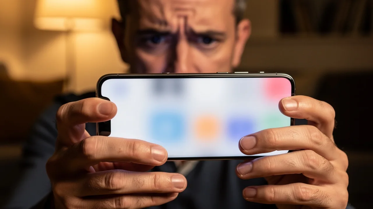 Close-up of hands holding smartphone showing suspicious travel booking SMS message on screen, with w