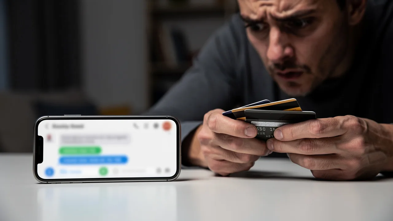 Smartphone displaying fake WhatsApp banking message next to worried person holding credit cards, cyb
