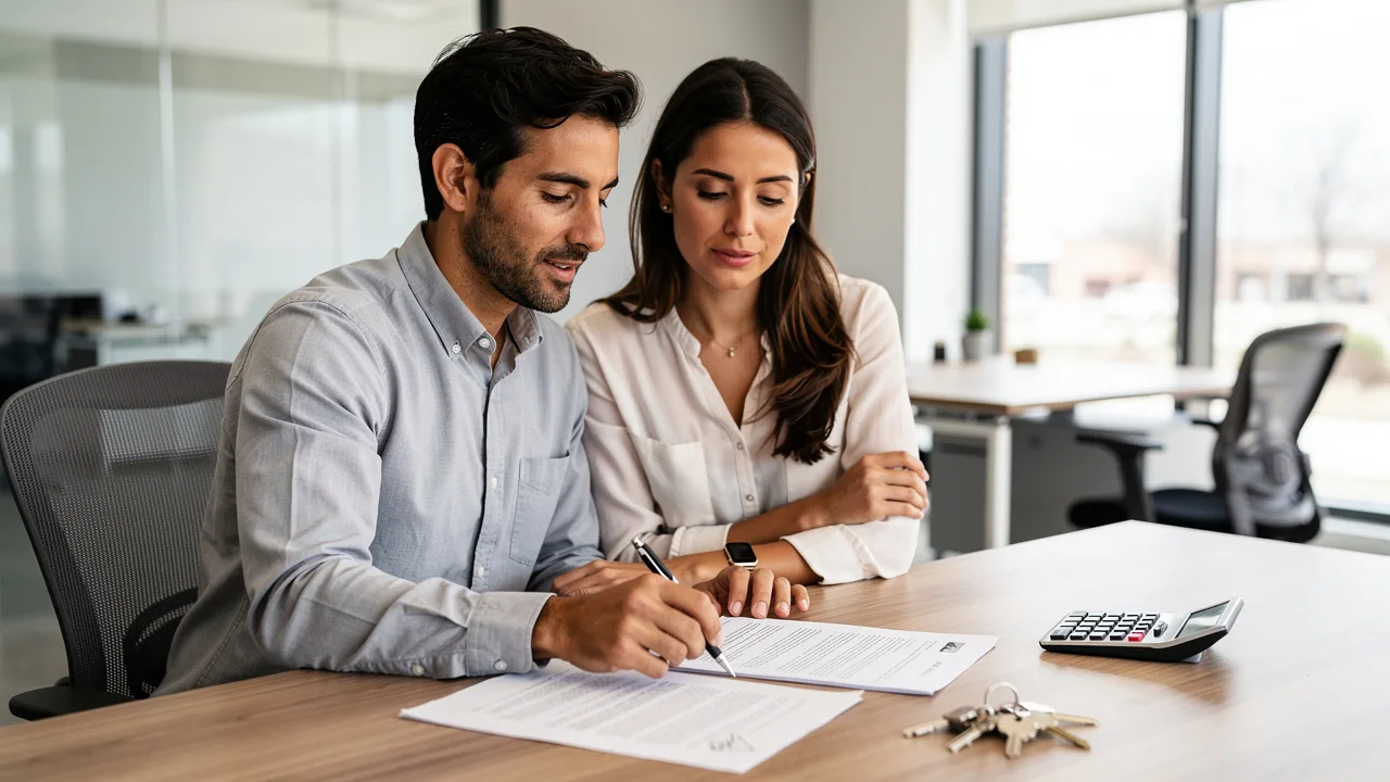 Spanish couple reviewing mortgage documents at modern bank office, calculator and house keys on desk