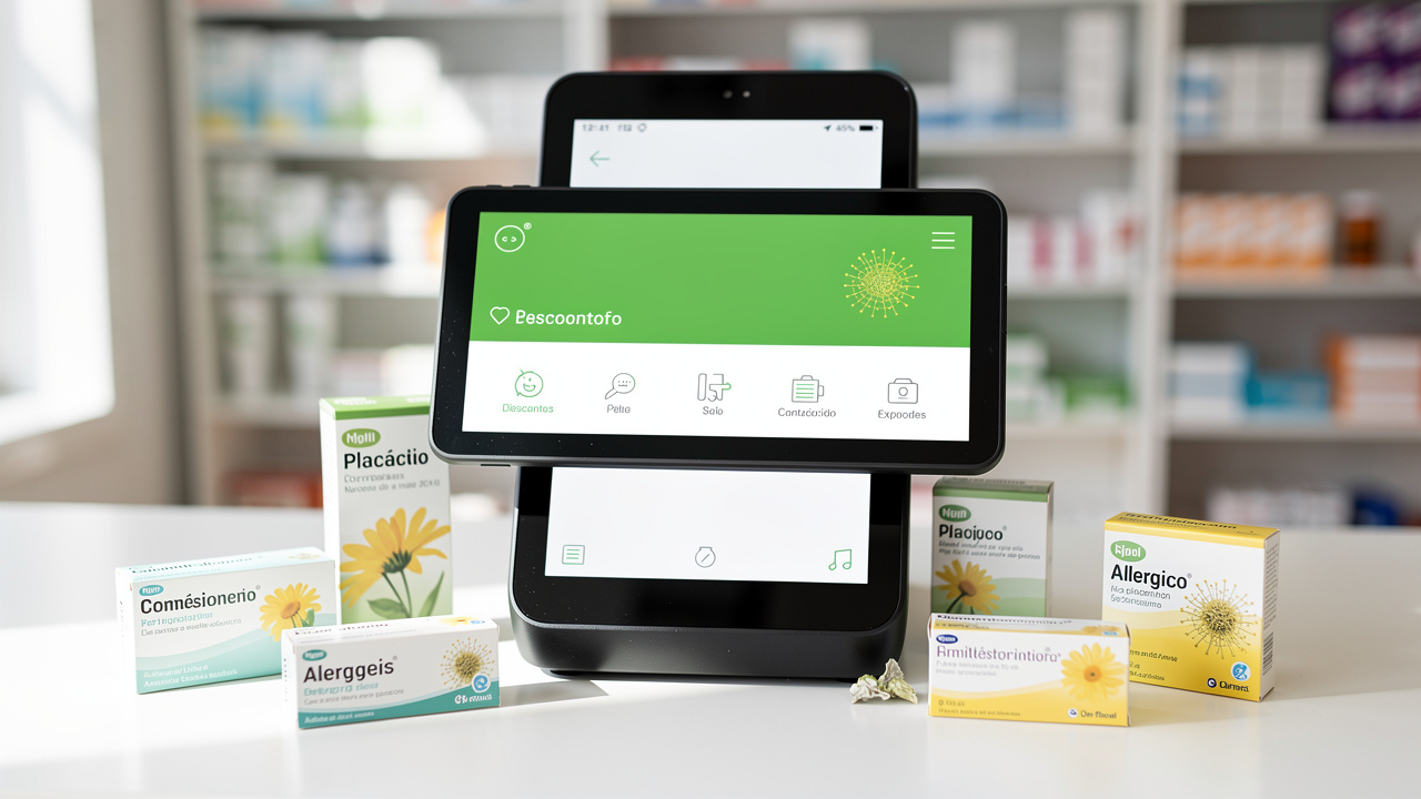 Modern payment terminal in a Spanish pharmacy showing discount notification on screen, spring allerg