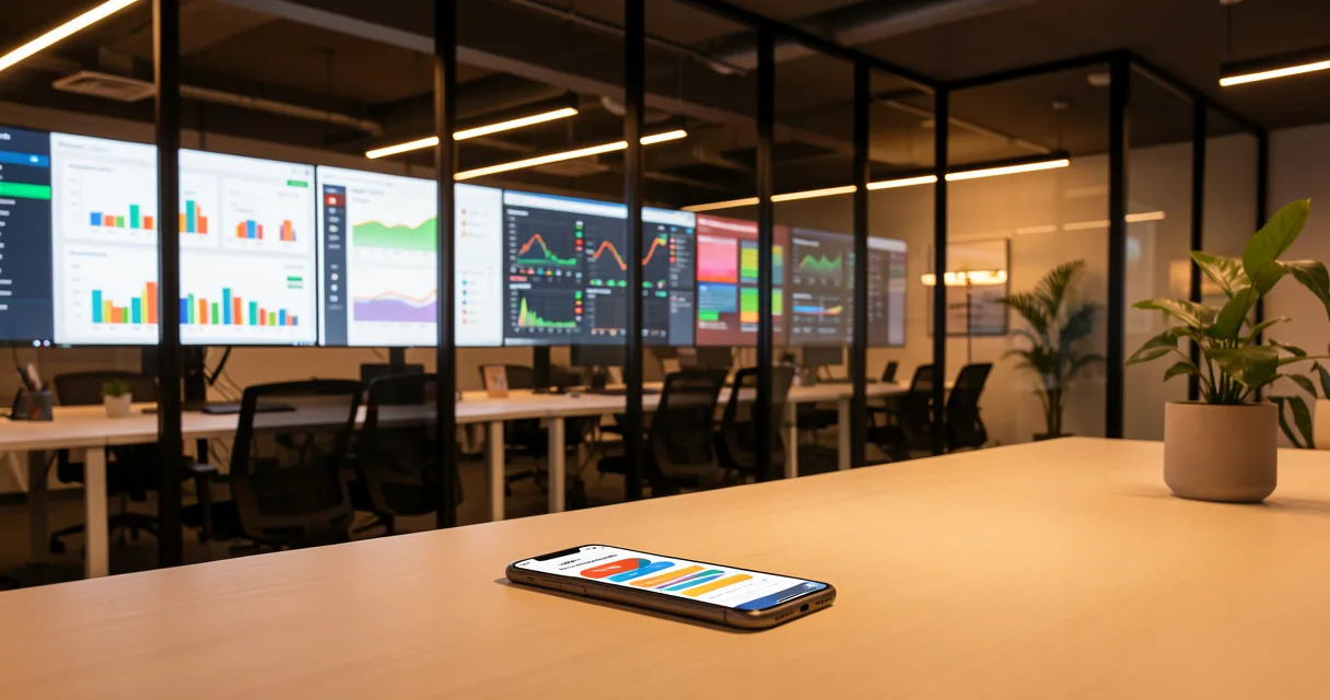 Oficina moderna de fintech con pantallas mostrando datos financieros