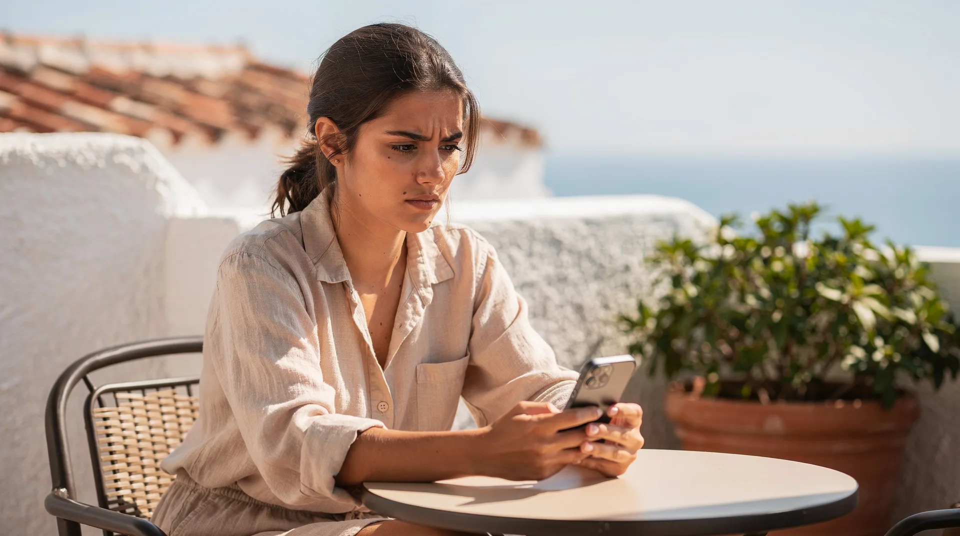 Persona leyendo contrato de préstamo en su móvil con atención, sentada en terraza soleada de verano en España