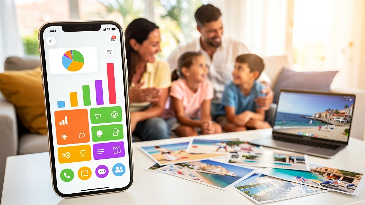 Modern smartphone displaying banking app interface with vacation destination photos in background, S