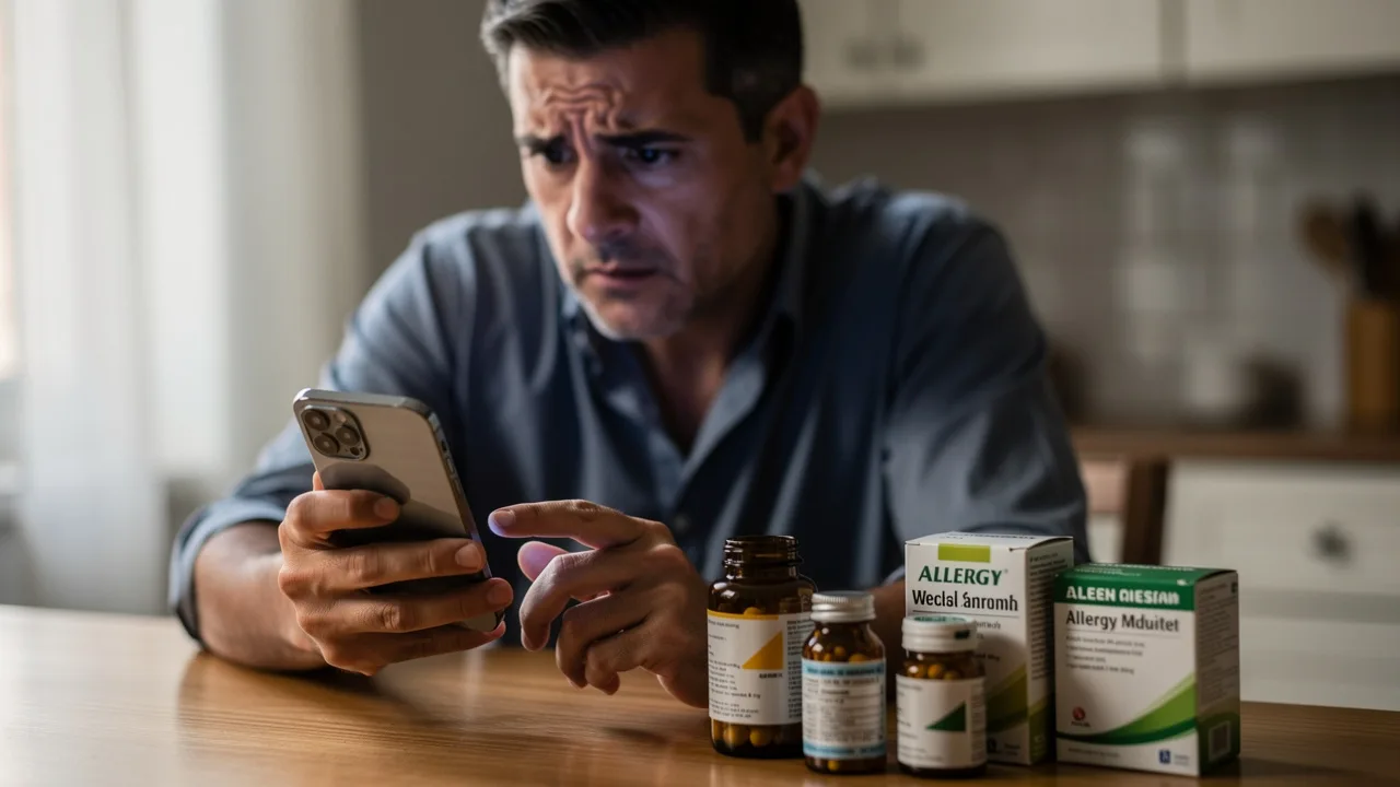Spanish person looking worried at smartphone screen showing WhatsApp message about fake loan offer, 