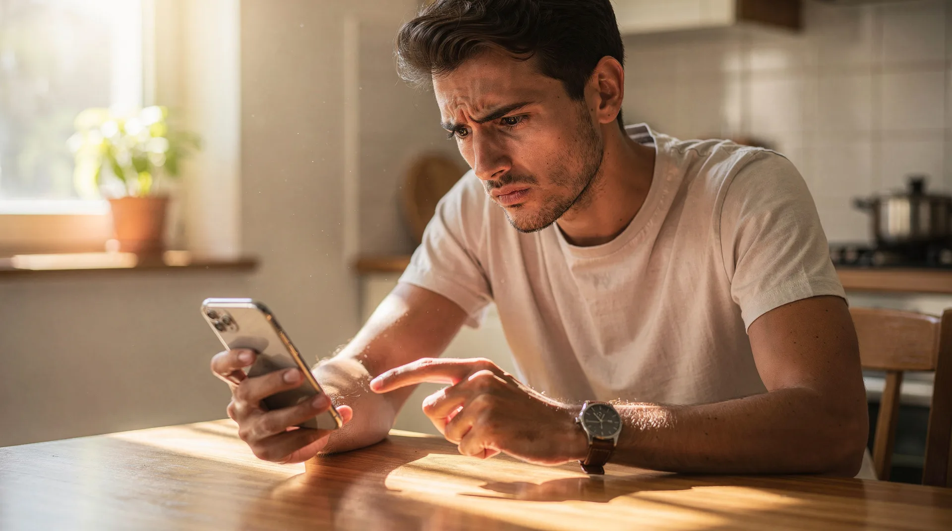 Persona en España mirando con desconfianza un mensaje de WhatsApp que ofrece un préstamo rápido antes del verano