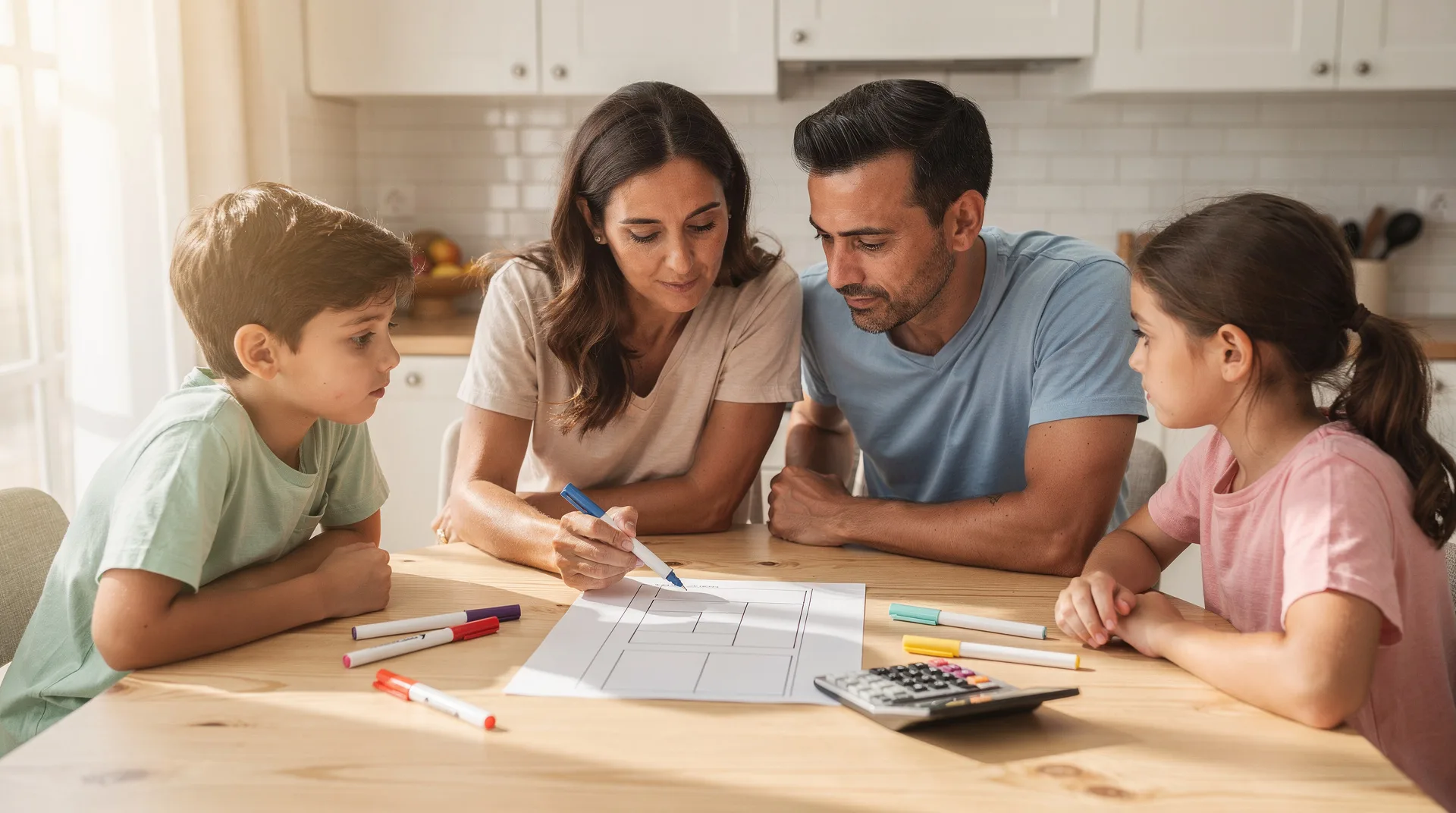 Familia sentada en la mesa del salón revisando el presupuesto mensual con papel, bolígrafo y calculadora en julio