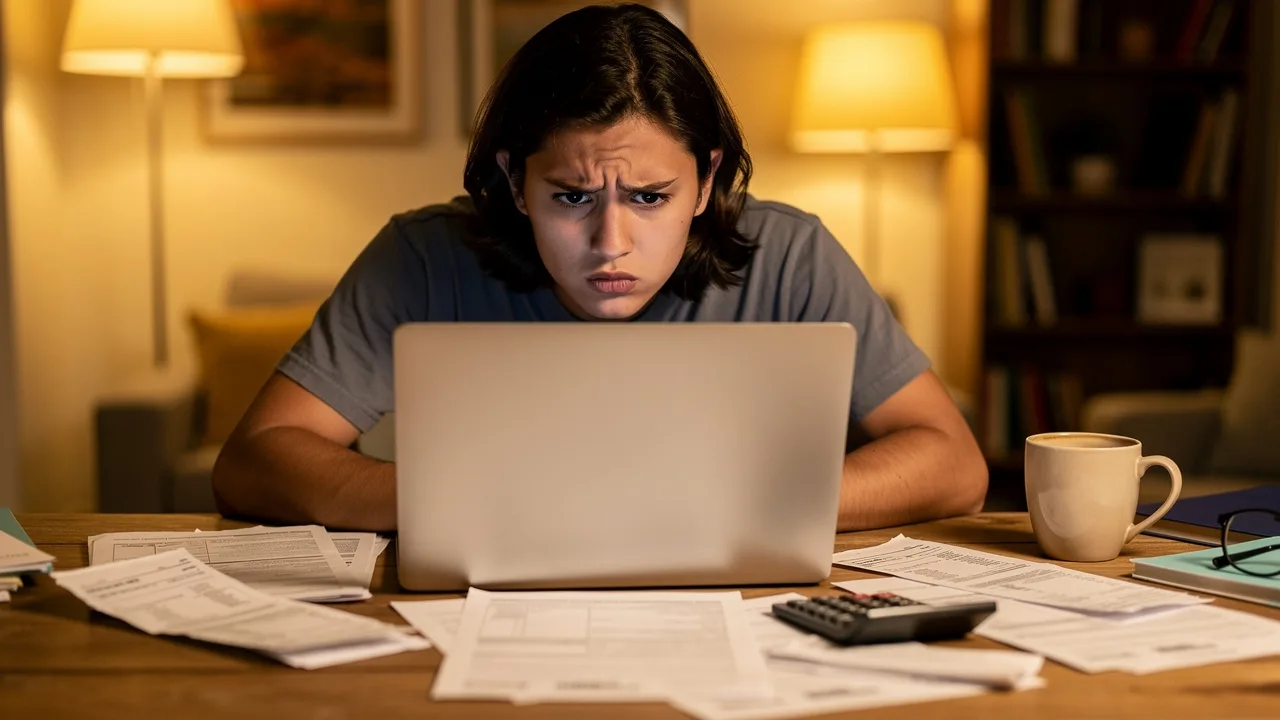 Young Spanish person looking worried at laptop screen with financial documents scattered on desk, ca