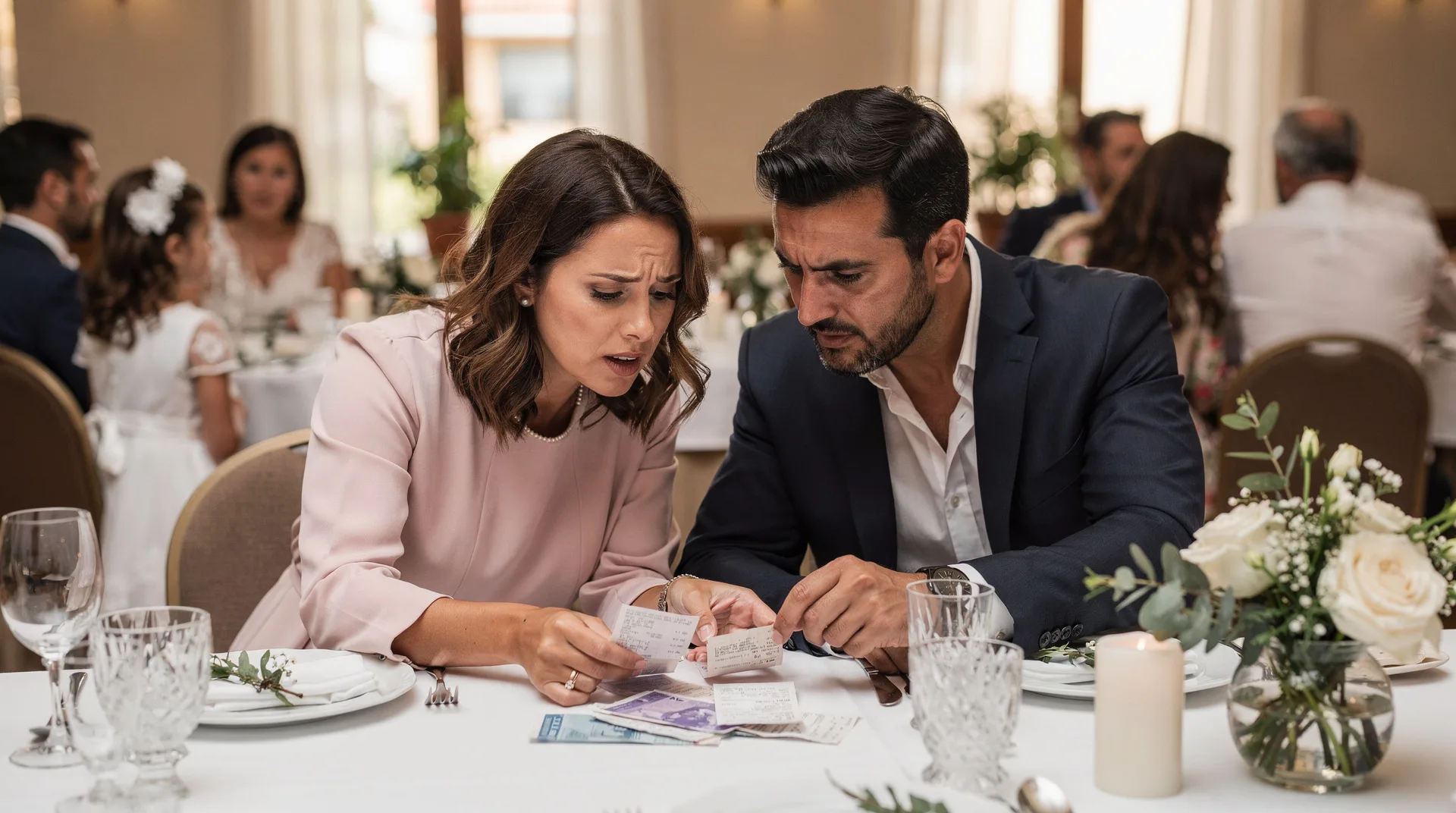 Spanish family at a first communion celebration, elegant table setting with white decorations, paren