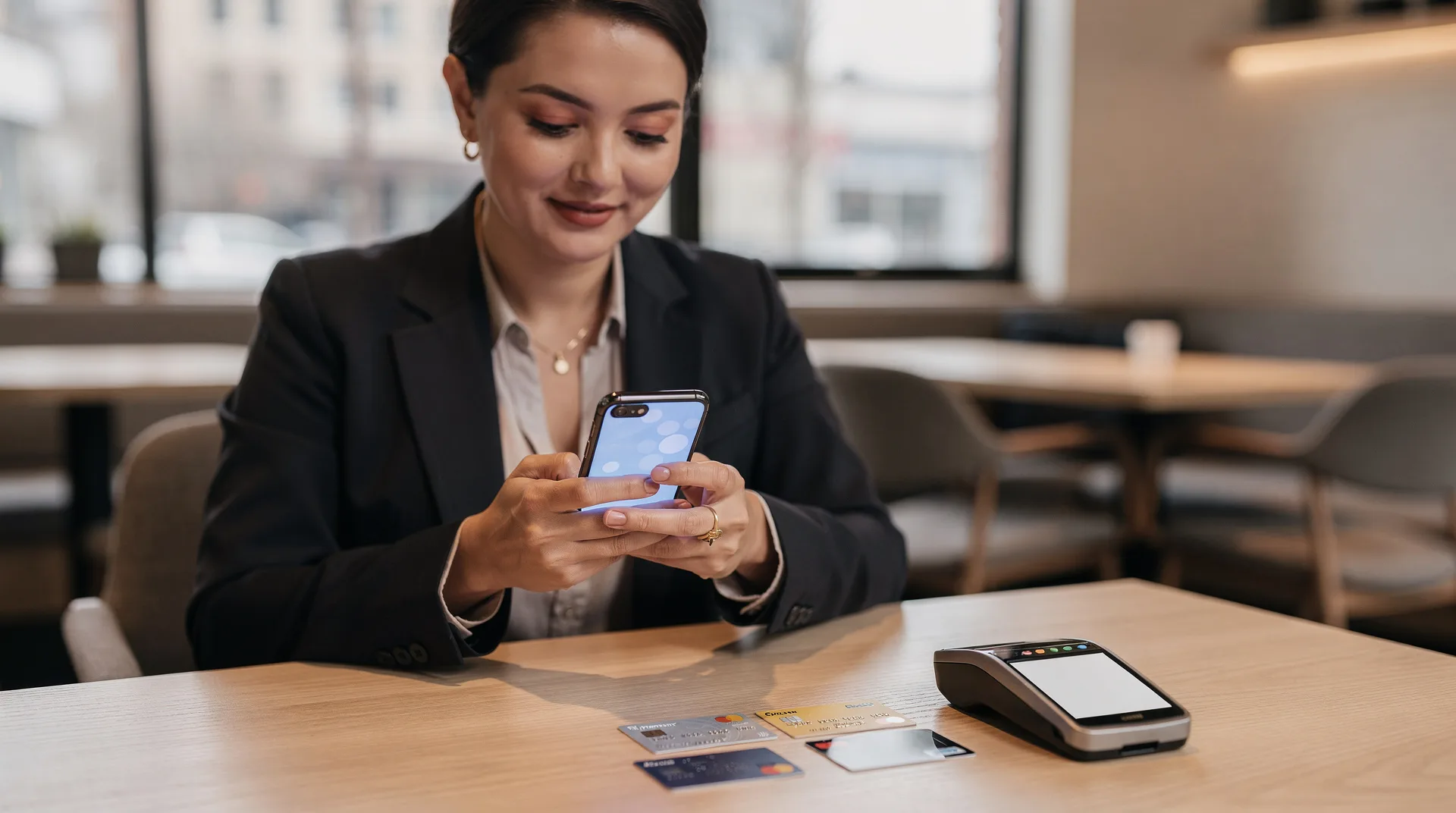 Professional businesswoman checking her smartphone banking app at a modern coffee shop, with credit 