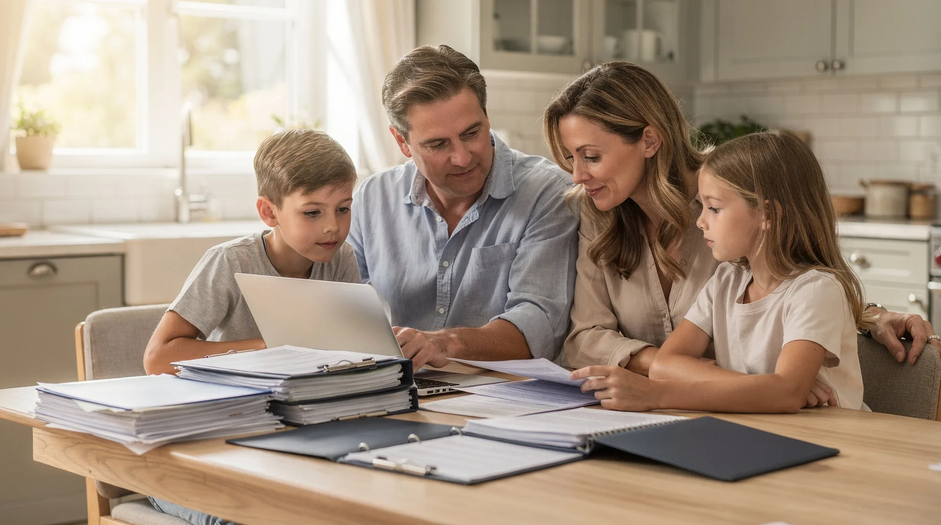 Familia revisando documentos de seguros del coche y del hogar en la mesa de la cocina en verano