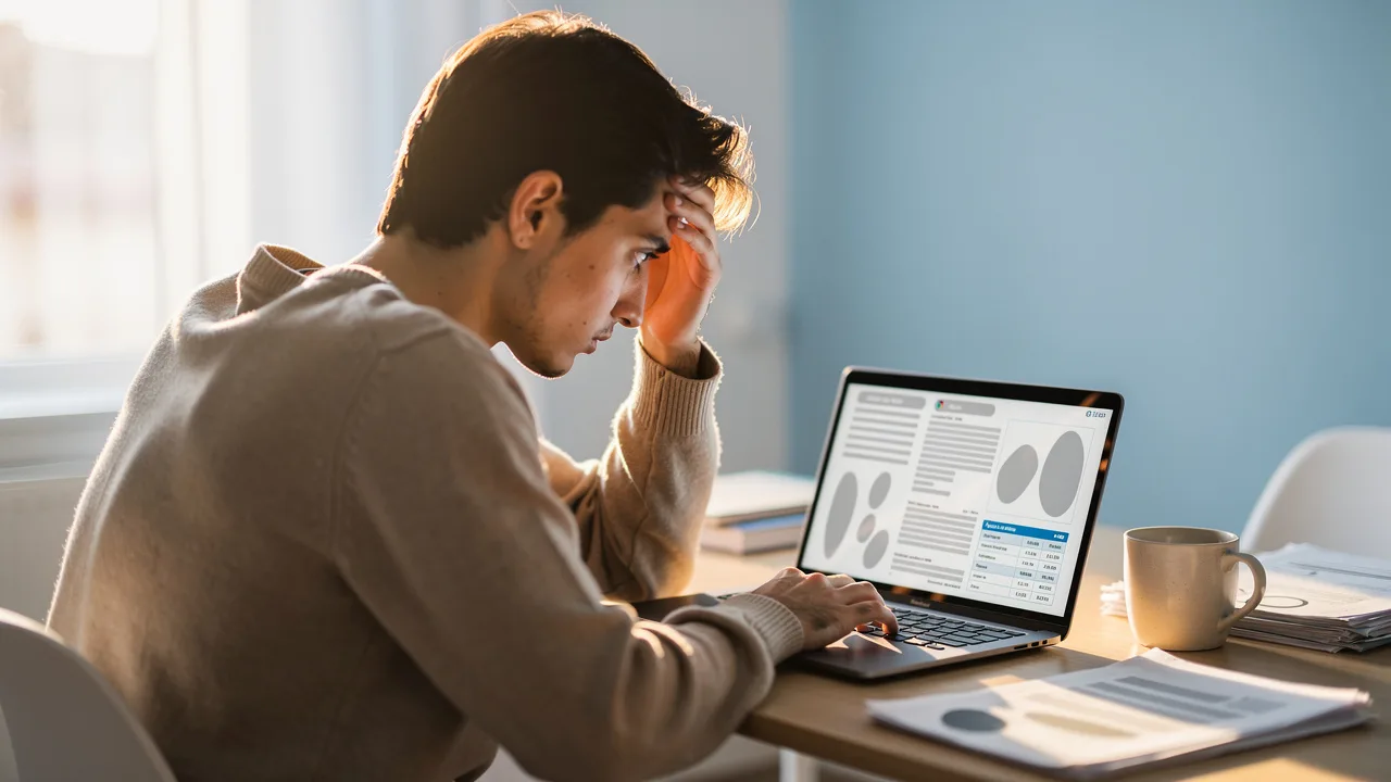 Persona mirando la declaración de la renta en su portátil con gesto de preocupación