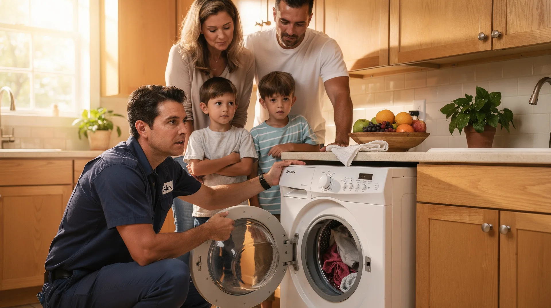 Familia en cocina de verano revisando una lavadora averiada junto a un técnico con herramientas