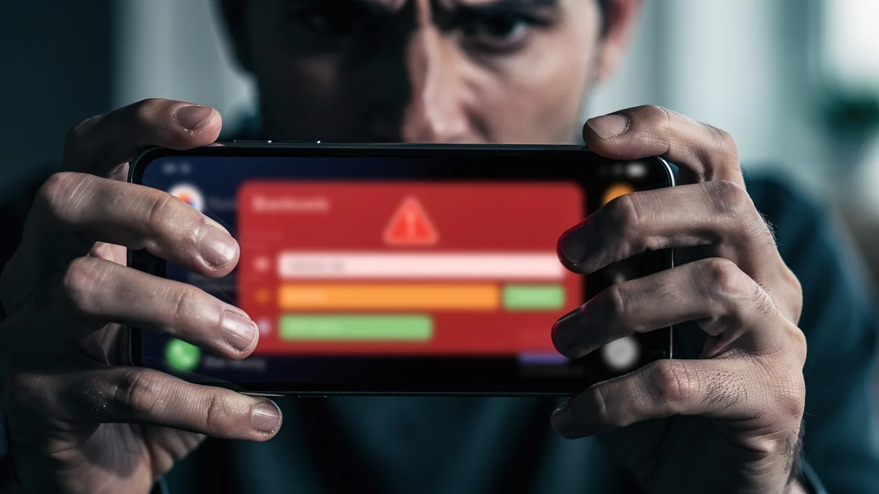 Close-up of smartphone screen showing fake banking SMS message with warning red overlay, hands holdi