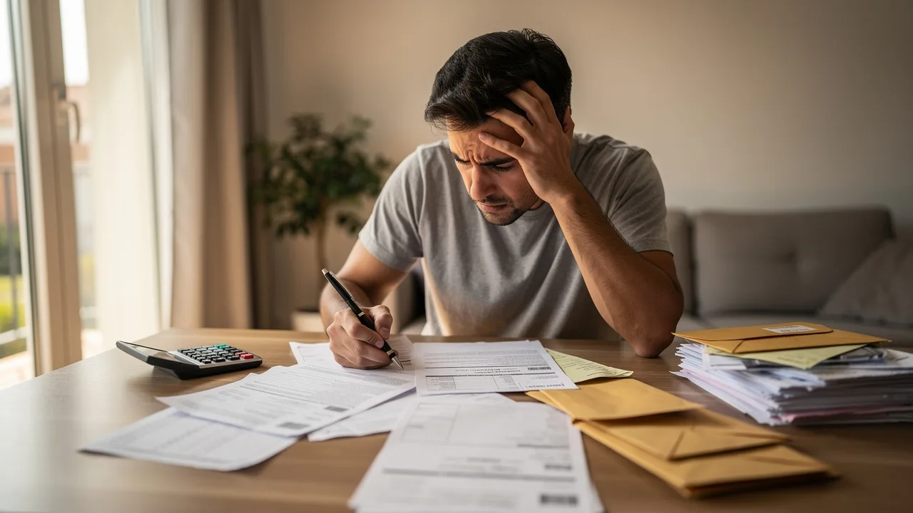 Spanish tenant checking rental documents and bills at home table, worried expression, calculator and