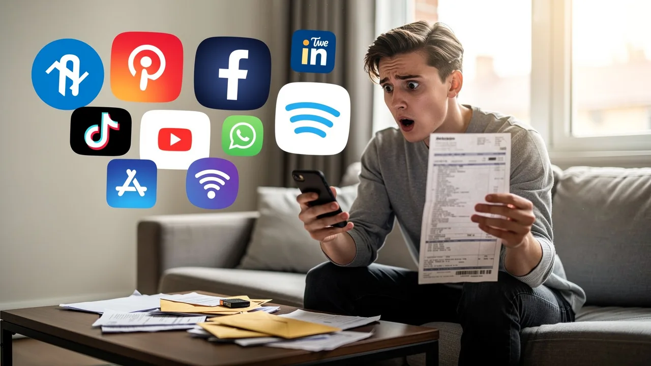 Person looking shocked while checking smartphone and credit card statement, surrounded by logos of s