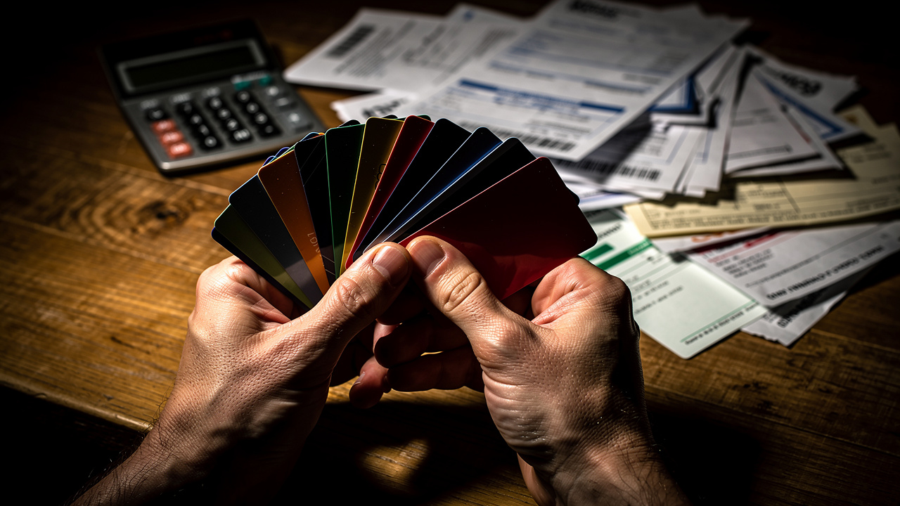 Close-up of hands holding multiple credit cards with calculator and bills on wooden desk, worried ex