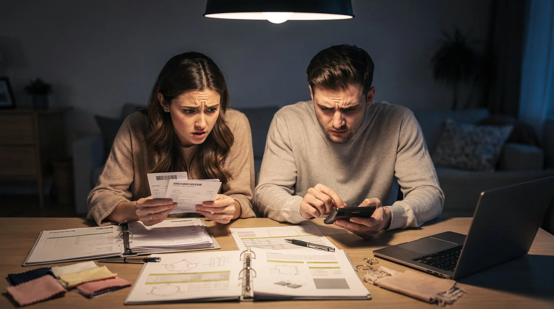 Pareja joven preocupada revisando facturas y contratos de tarjeta de crédito sobre mesa con elementos de boda