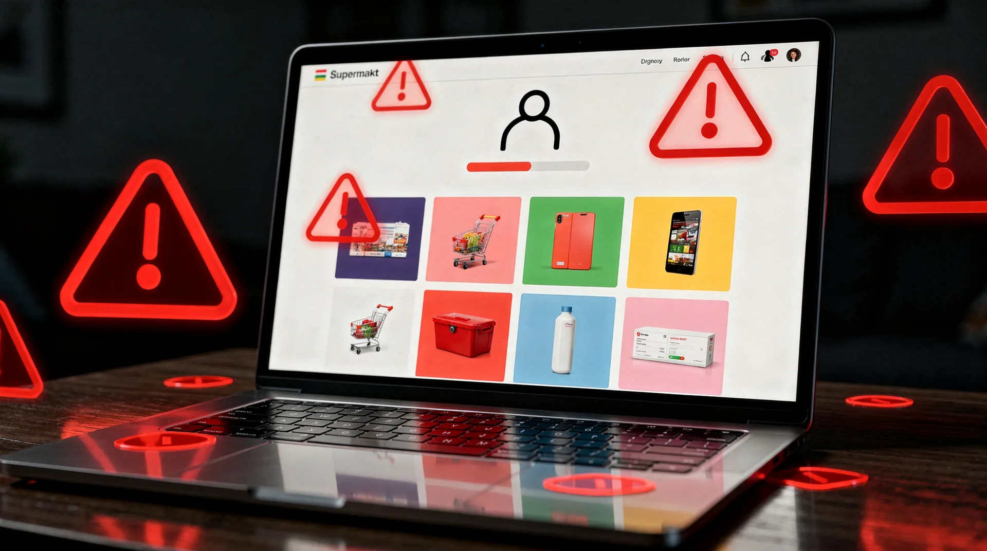 Pantalla de ordenador mostrando una web de compra online sospechosa con el logo de una gran cadena de supermercados