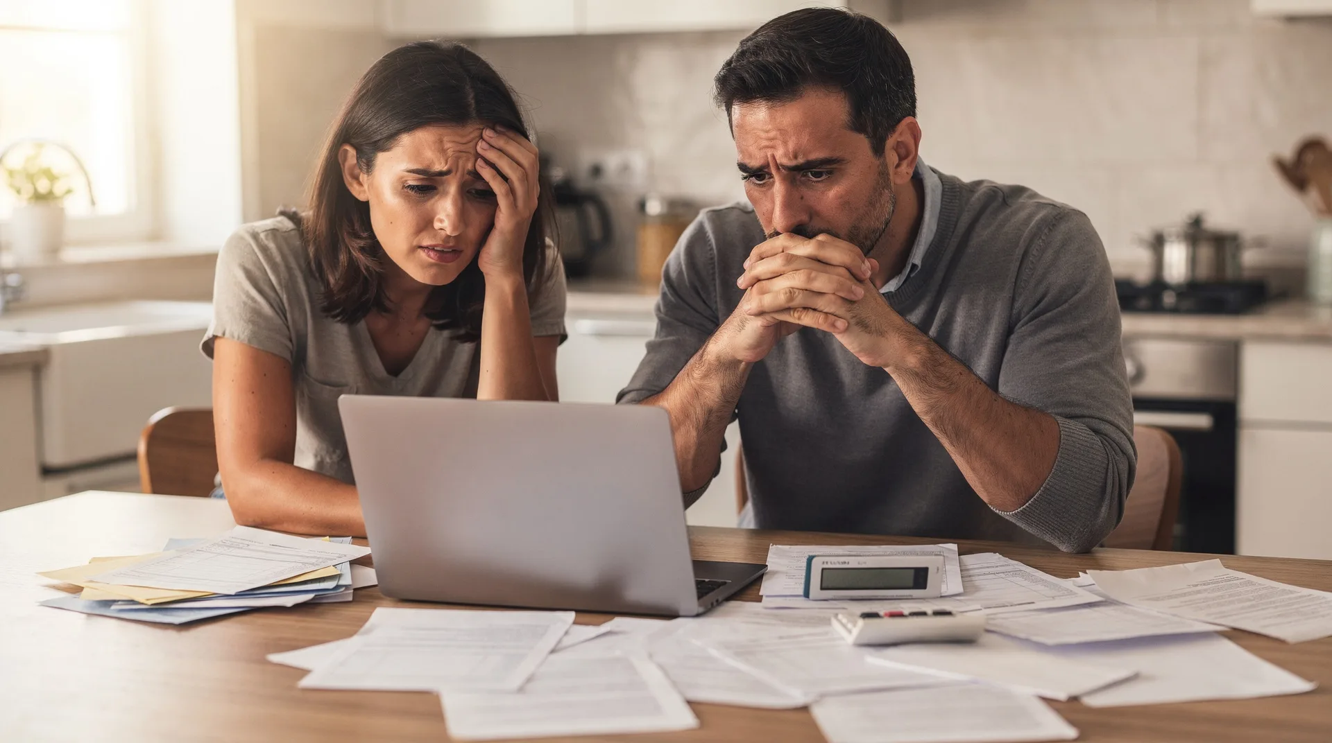Spanish couple looking worried while reviewing bank statements and wedding expenses on laptop at kit