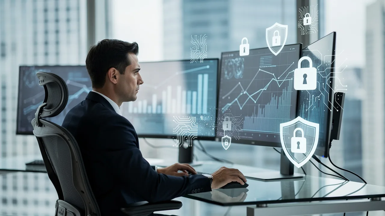Professional cybersecurity expert analyzing financial data on multiple computer screens in a modern 