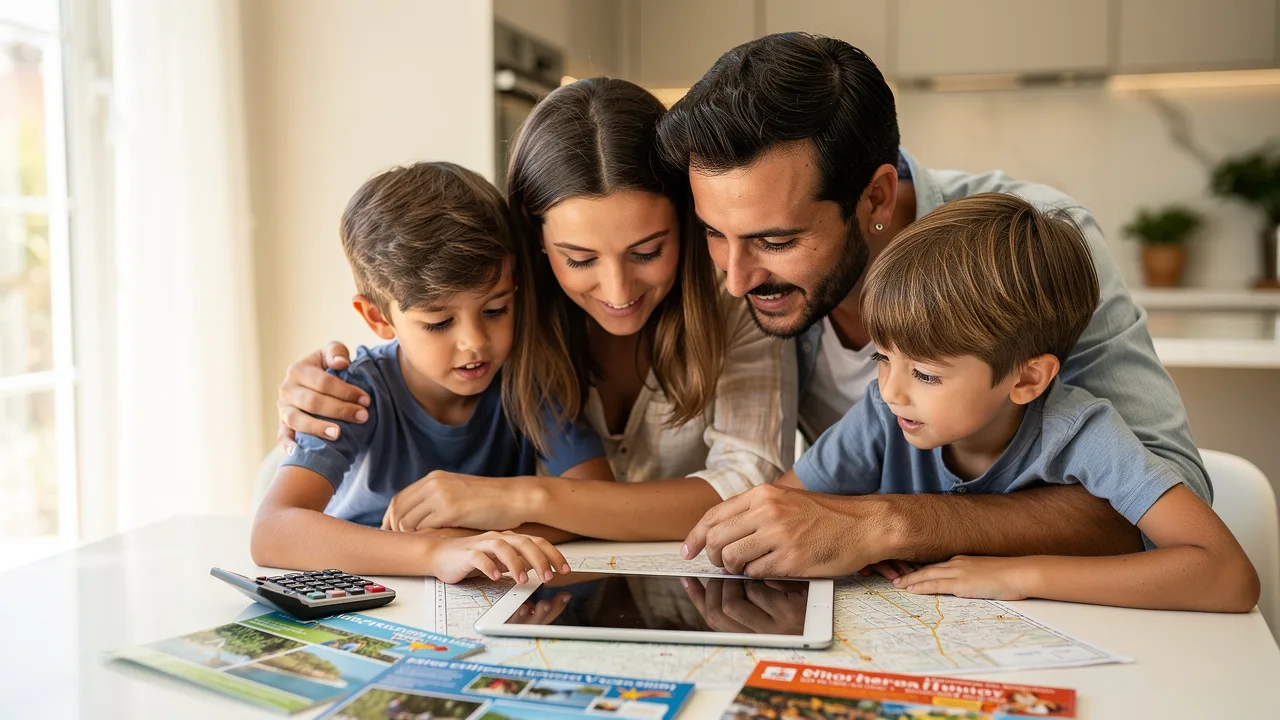 Young Spanish family looking at tablet planning vacation budget, sitting at kitchen table with calcu