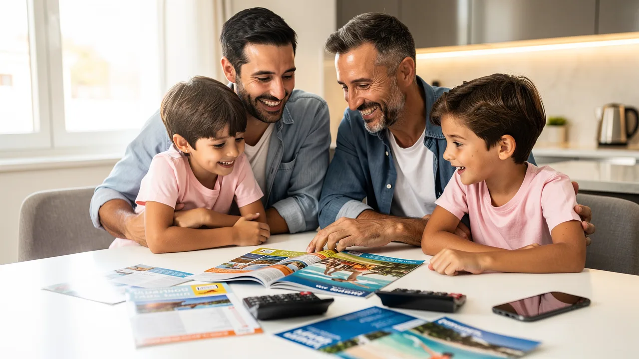 Happy Spanish family looking at travel brochures and vacation planning documents on kitchen table, c