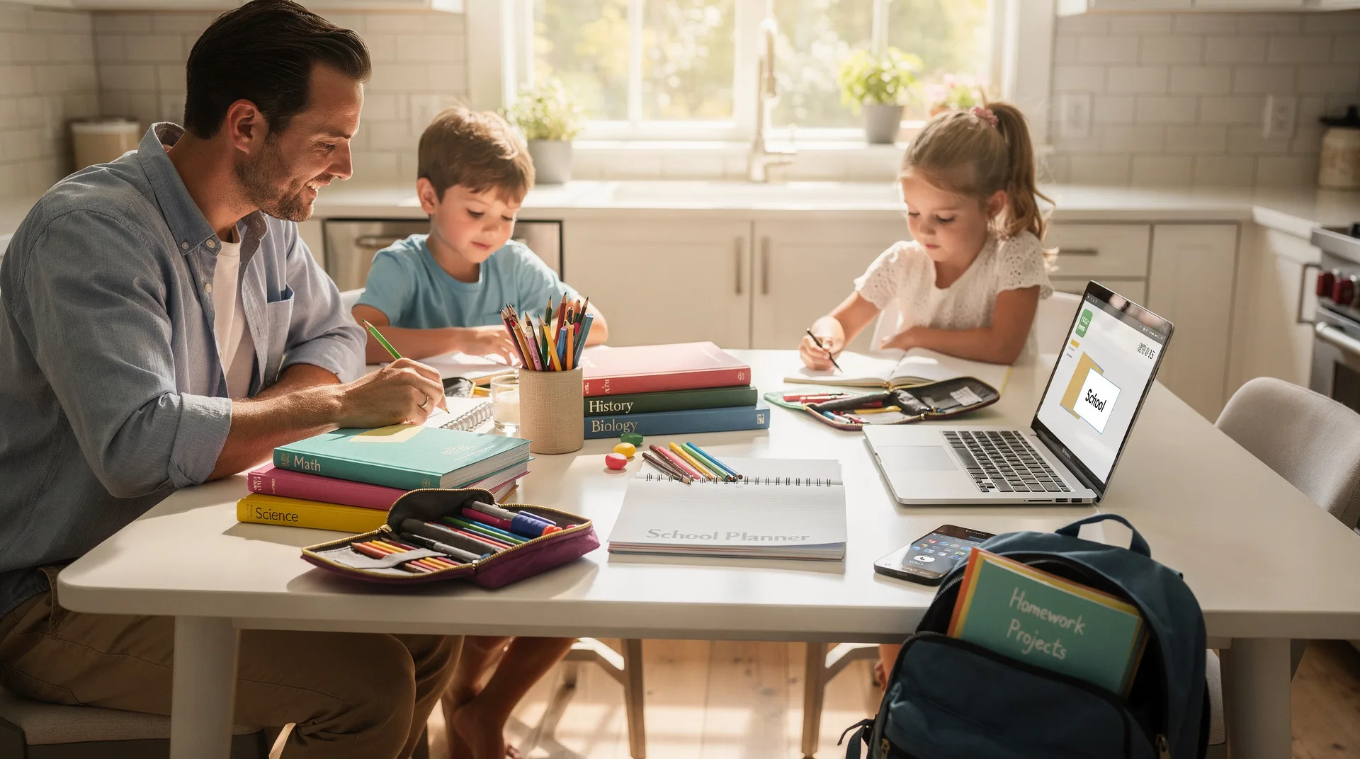 Familia organizando material escolar y libros en casa durante el verano para preparar la vuelta al cole